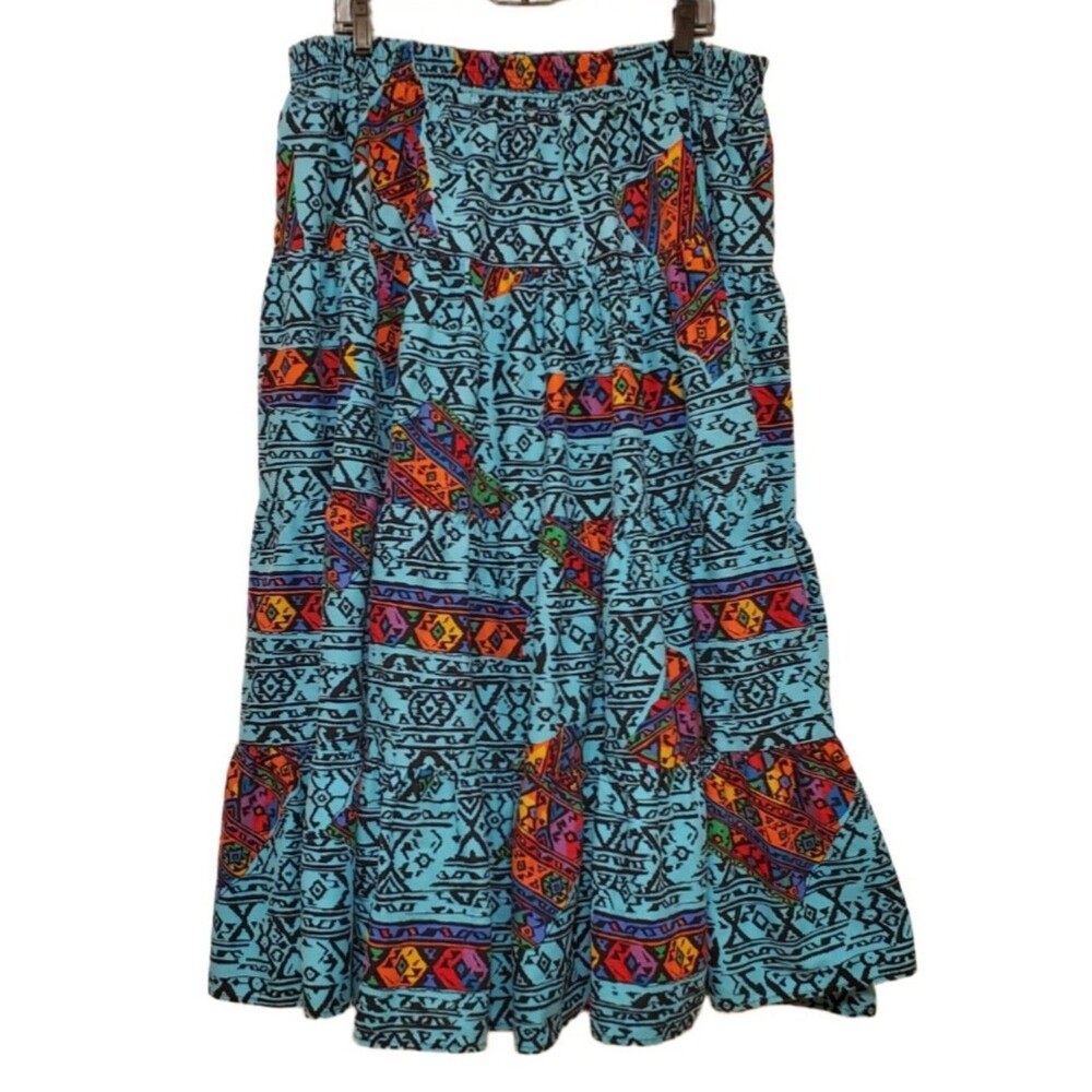 Vintage No Boundaries Imagine Turquoise Aztec Print Tiered Skirt Size 20 W